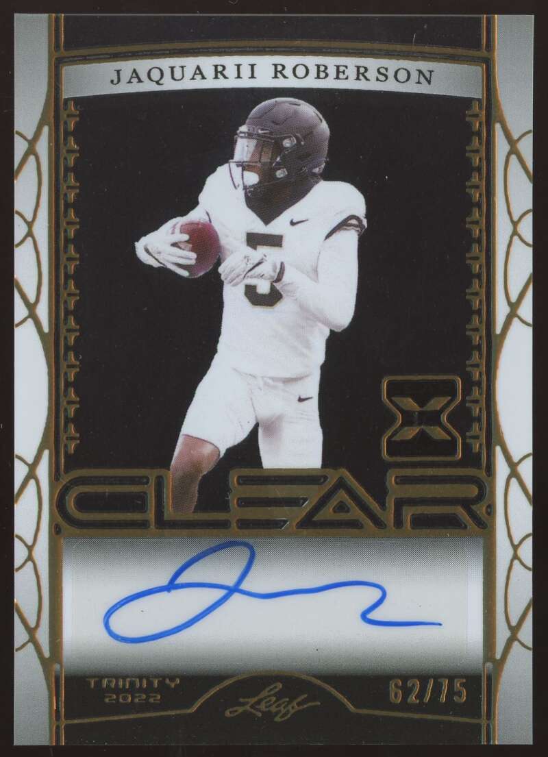 Load image into Gallery viewer, 2022 Leaf Trinity Clear Auto Gold Jaquarii Roberson #CA-JR2 Rookie RC XRC /75 Image 1
