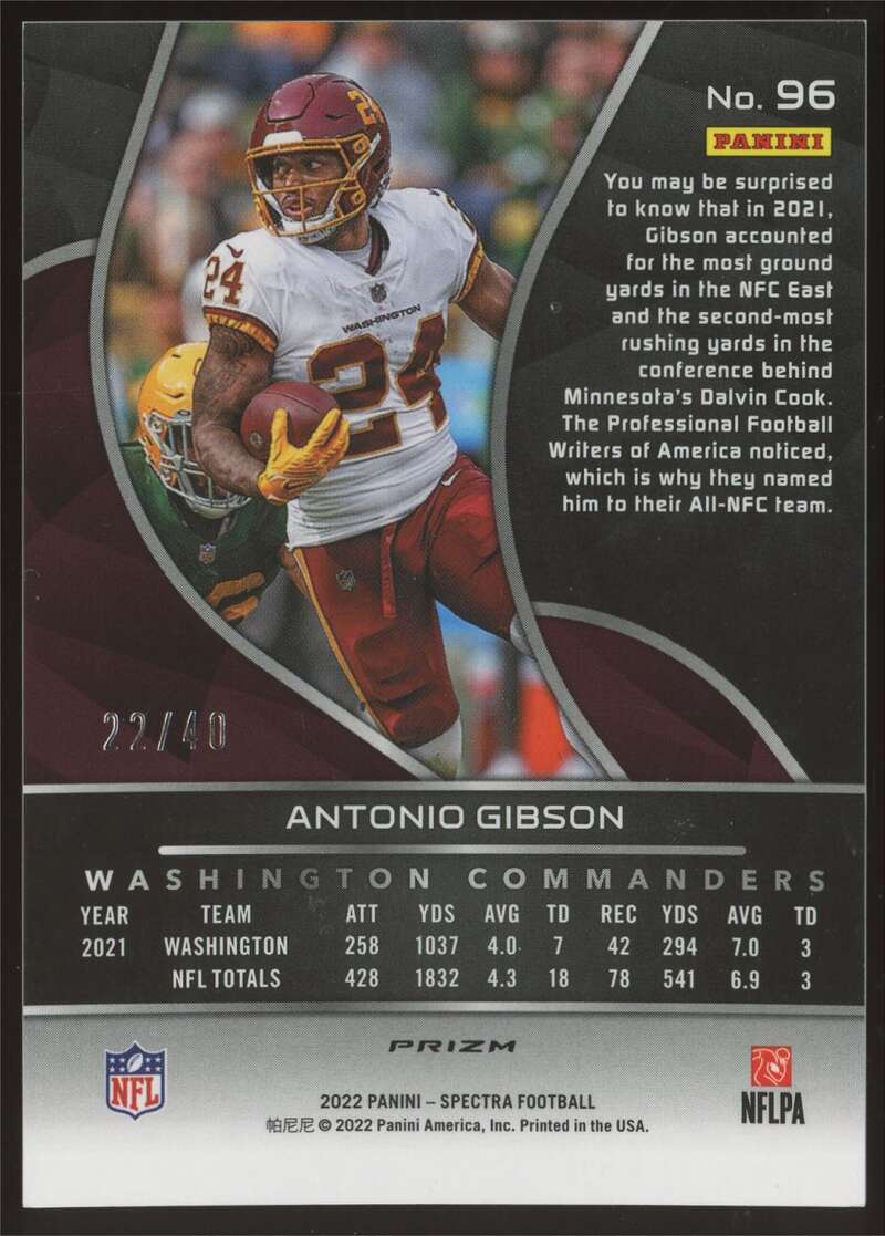 Load image into Gallery viewer, 2022 Panini Spectra Astral Prizm Antonio Gibson #96 Washington Commanders Rookie RC /40  Image 2
