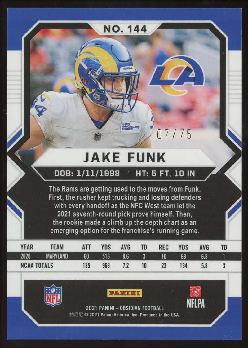 Load image into Gallery viewer, 2021 Panini Obsidian Electric Etch Orange Jake Funk #144 Los Angeles Rams Rookie RC /75  Image 2
