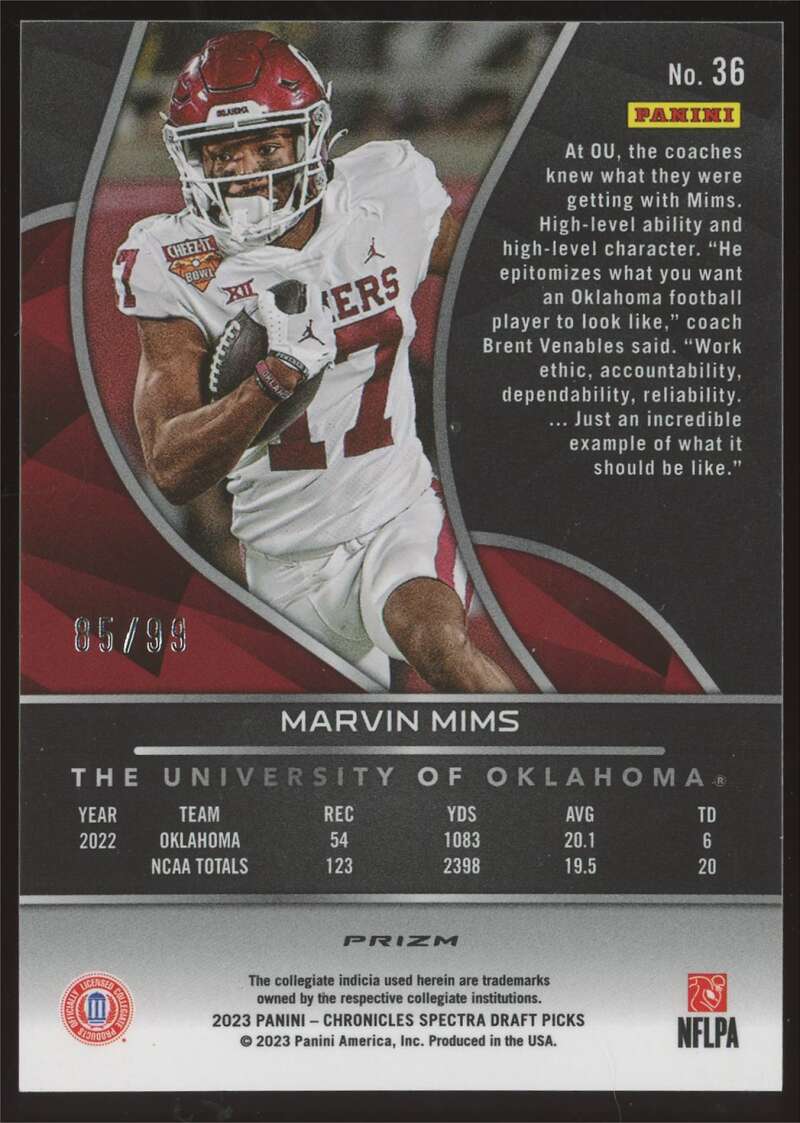 Load image into Gallery viewer, 2023 Panini Chronicles Draft Spectra Celestial Marvin Mims #36 Oklahoma Rookie RC /99  Image 2
