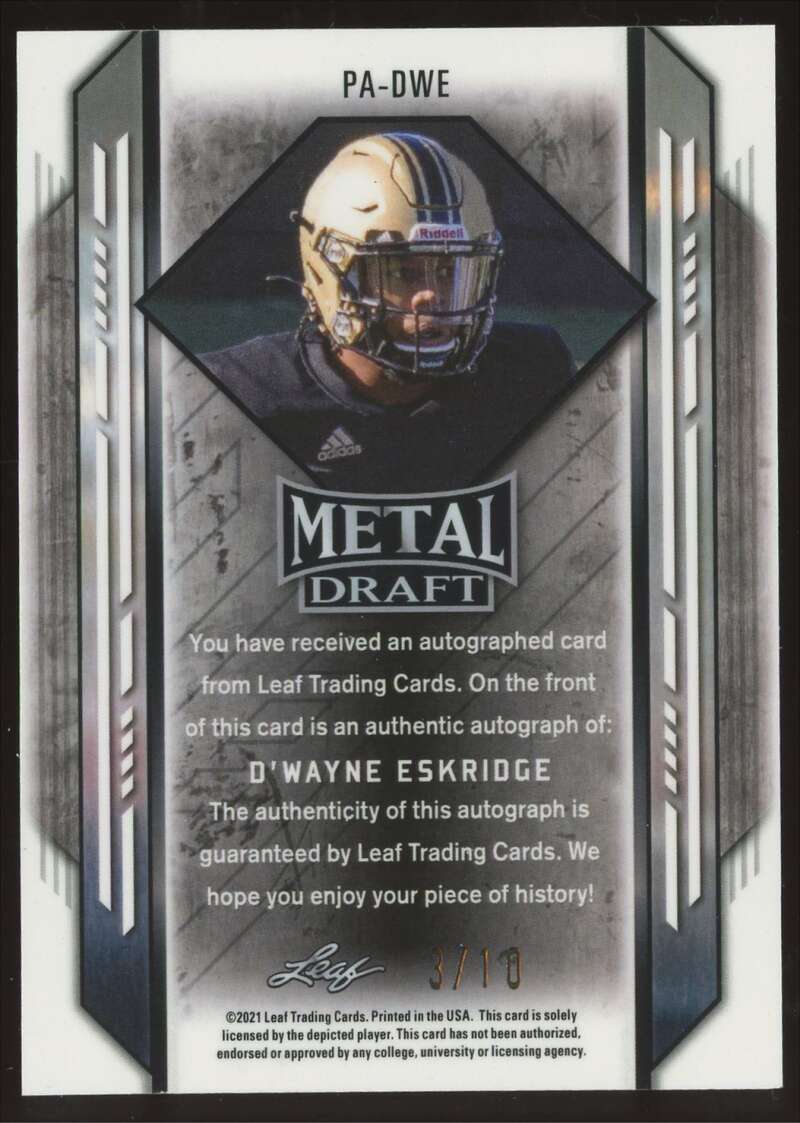 Load image into Gallery viewer, 2021 Leaf Metal Draft Green Marbles Auto D&#39;Wayne Eskridge #PA-DWE Rookie RC /10  Image 2
