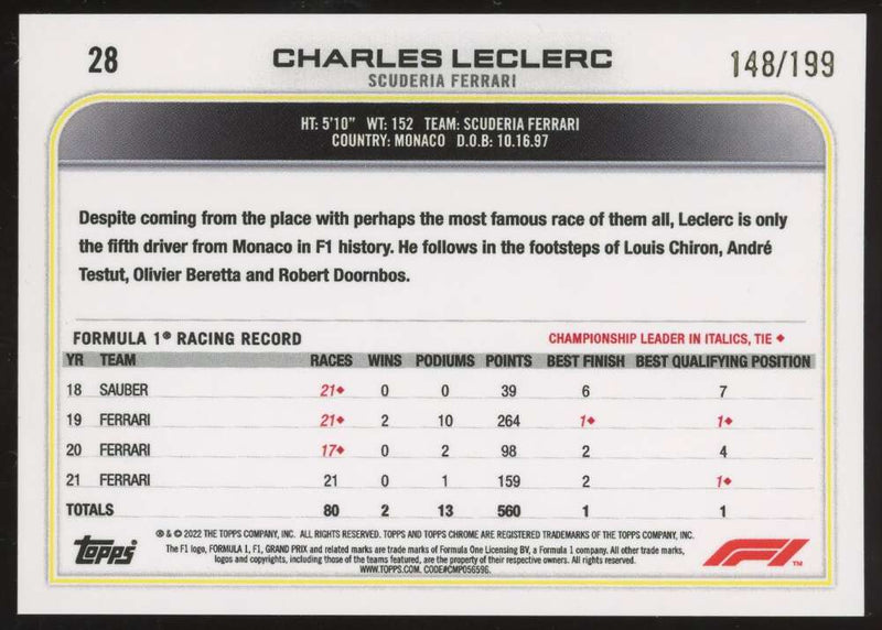 Load image into Gallery viewer, 2022 Topps Chrome Formula 1 Purple Checker Flag Refractor Charles Leclerc #28 Scuderia Ferrari /199  Image 2
