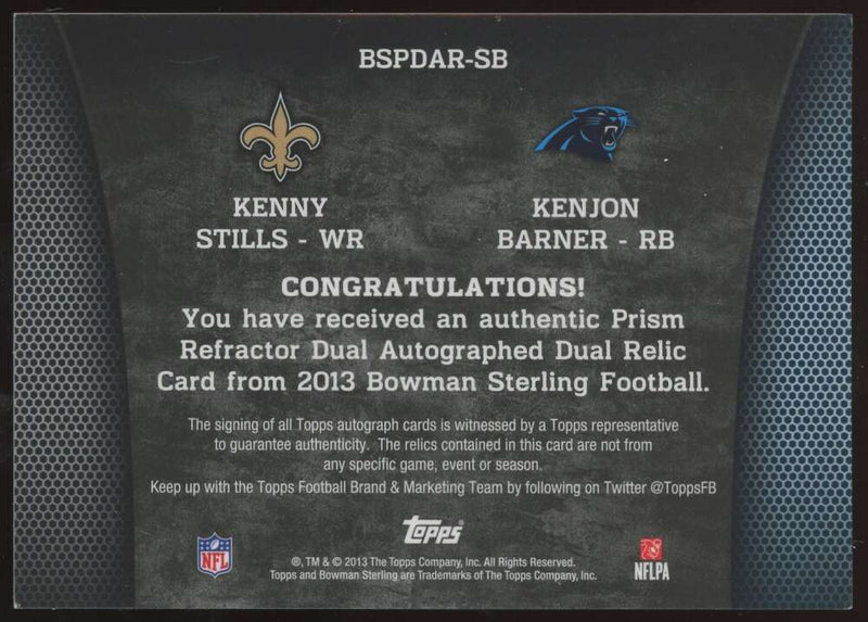 Load image into Gallery viewer, 2013 Bowman Sterling Dual Patch Auto Kenjon Barner Kenny Stills #BSPDAR-SB /75 Image 2
