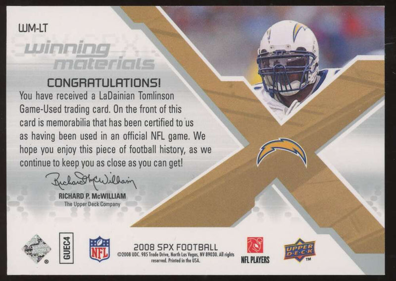 Load image into Gallery viewer, 2008 Upper Deck SPx Winning Materials LaDainian Tomlinson #WM-LT San Diego Chargers Relic /99  Image 2
