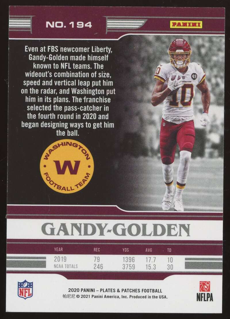 Load image into Gallery viewer, 2020 Panini Plates &amp; Patches Purple Antonio Gandy-Golden #194 Washington Rookie RC /35  Image 2
