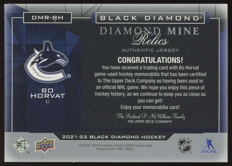 Load image into Gallery viewer, 2021-22 Upper Deck Black Diamond Mine Relics Bo Horvat #DMR-BH Vancouver Canucks GU Patch Image 2
