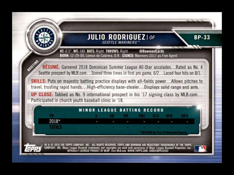 Load image into Gallery viewer, 2019 Bowman Prospects Julio Rodriguez #BP-33 Seattle Mariners Rookie RC Image 2
