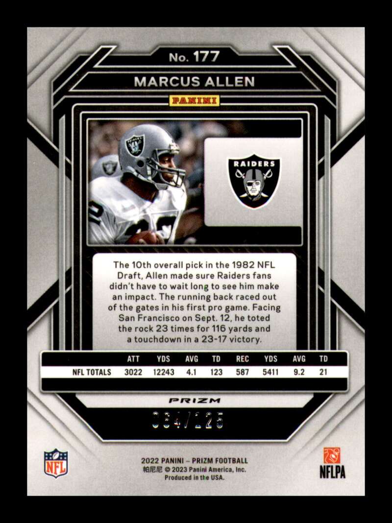 Load image into Gallery viewer, 2022 Panini Prizm Purple Prizm Marcus Allen #177 Los Angeles Raiders /125  Image 2
