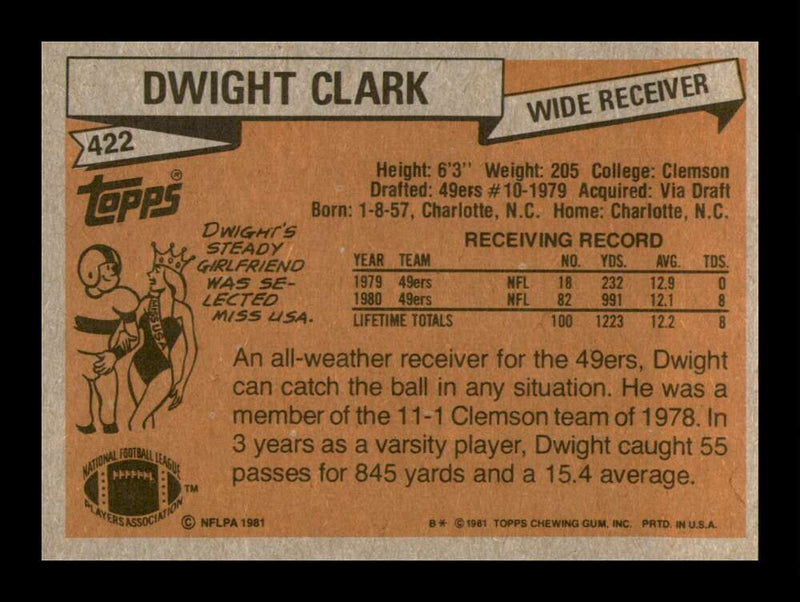 Load image into Gallery viewer, 1981 Topps Dwight Clark #422 San Francisco 49ers Rookie RC NM Near Mint Image 2
