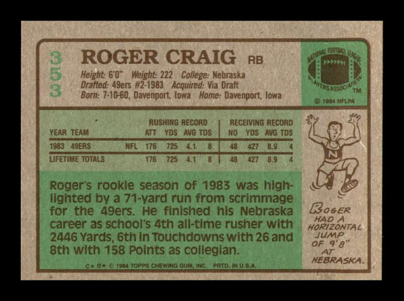 Load image into Gallery viewer, 1984 Topps Roger Craig #353 San Francisco 49ers Rookie RC NM Near Mint Image 2
