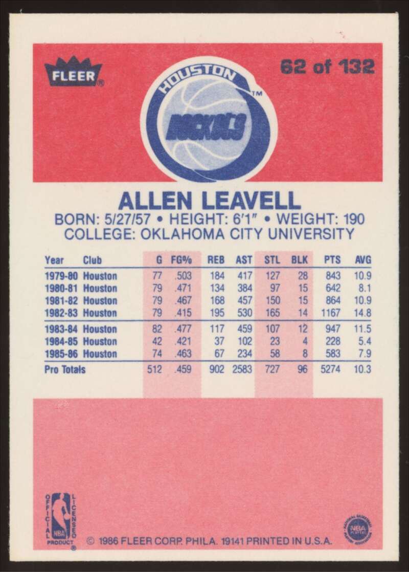 Load image into Gallery viewer, 1986-87 Fleer Allen Leavell #62 Houston Rockets NM Near Mint Image 2
