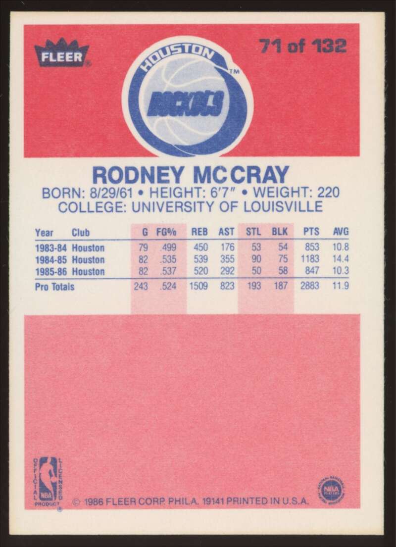 Load image into Gallery viewer, 1986-87 Fleer Rodney McCray #71 Houston Rockets Rookie RC NM Near Mint Image 2
