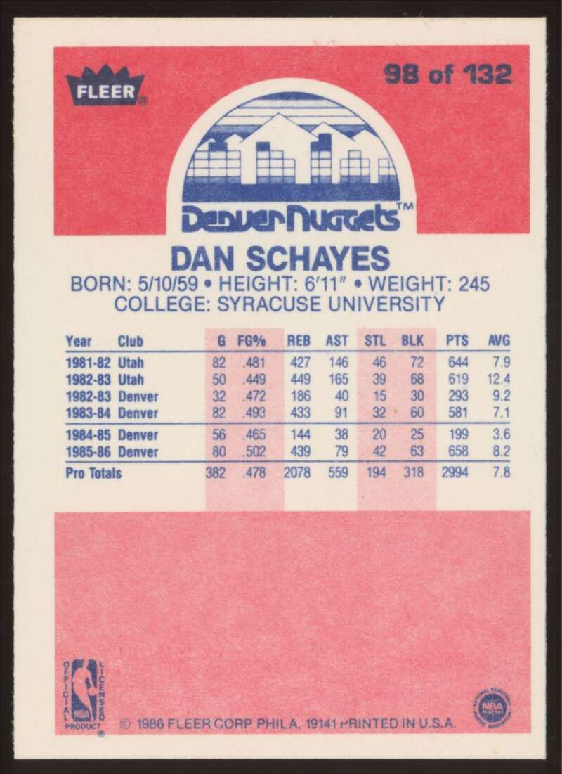 Load image into Gallery viewer, 1986-87 Fleer Dan Schayes #98 Denver Nuggets Rookie RC NM Near Mint Image 2
