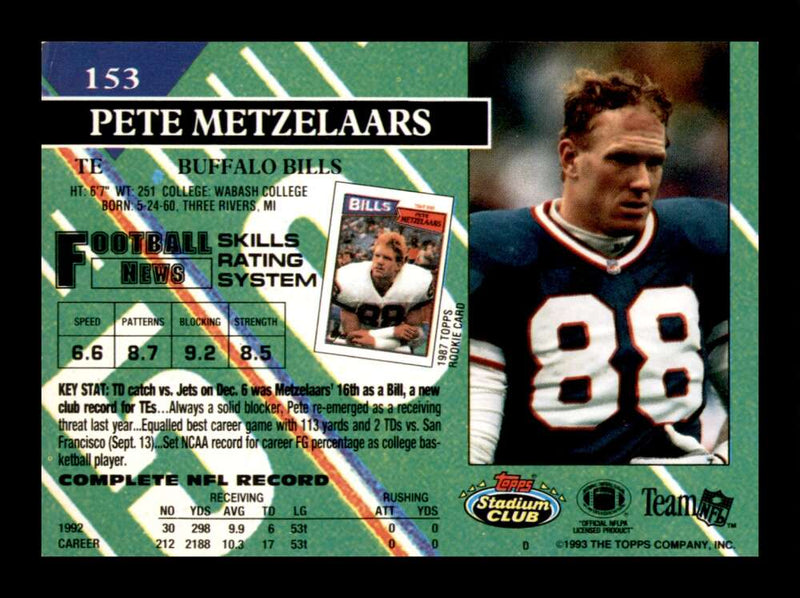 Load image into Gallery viewer, 1993 Topps Stadium Club First Day Pete Metzelaars #153 Buffalo Bills  Image 2
