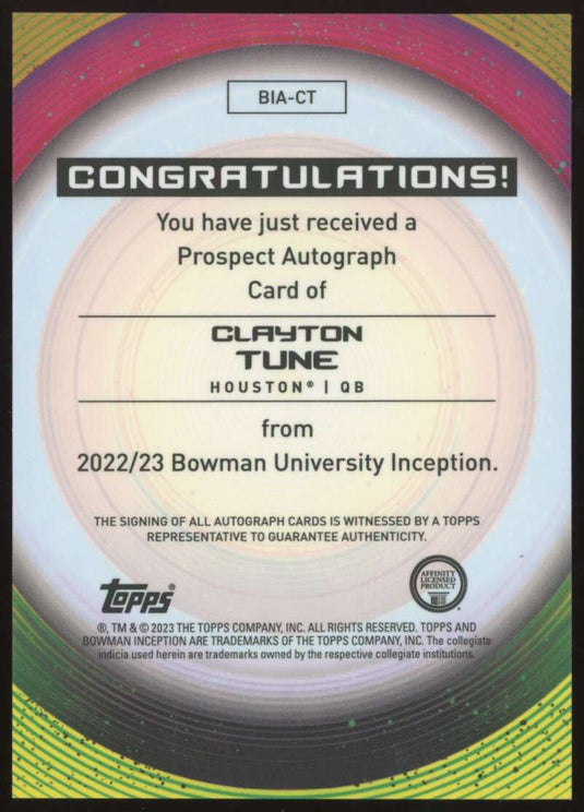 2022-23 Bowman University Inception Auto Clayton Tune 