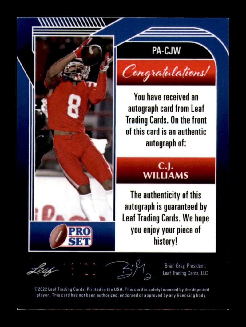 Load image into Gallery viewer, 2022 Pro Set Metal Crystal Purple Auto C.J. Williams #PA-CJW Rookie RC /20 Image 2
