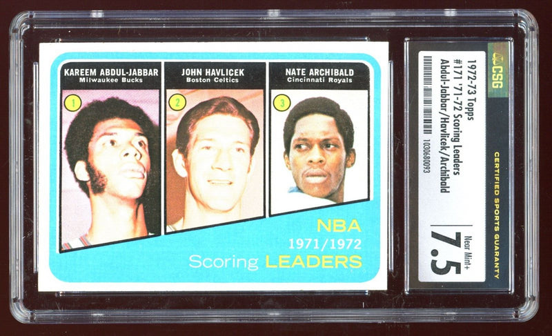 Load image into Gallery viewer, 1972-73 Topps Abdul-Jabbar Havlicek Archibald #171 Scoring Leaders CSG 7.5 NM+ Image 1
