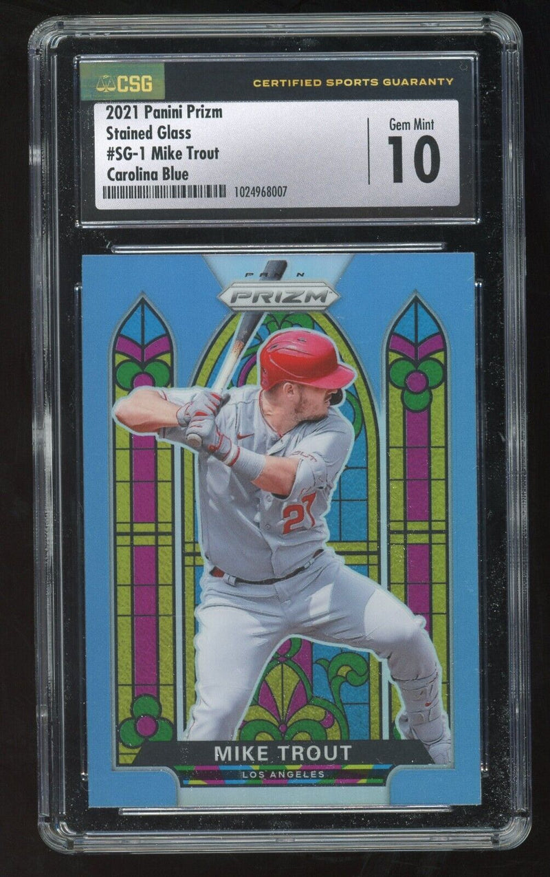 Load image into Gallery viewer, 2021 Panini Prizm Mike Trout #SG-1 Carolina Blue Stained Prizm SP Glass CSG 10  Image 1
