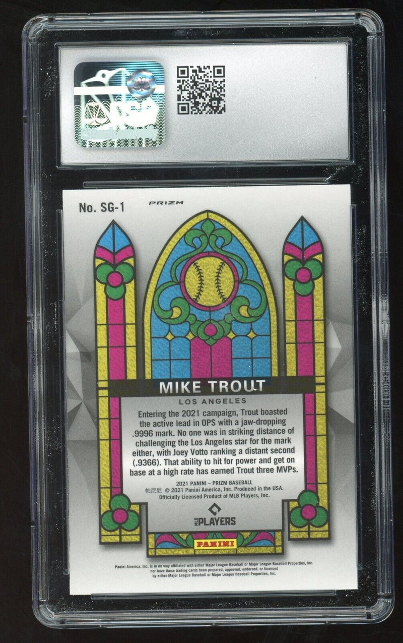 Load image into Gallery viewer, 2021 Panini Prizm Mike Trout #SG-1 Carolina Blue Stained Prizm SP Glass CSG 10  Image 2

