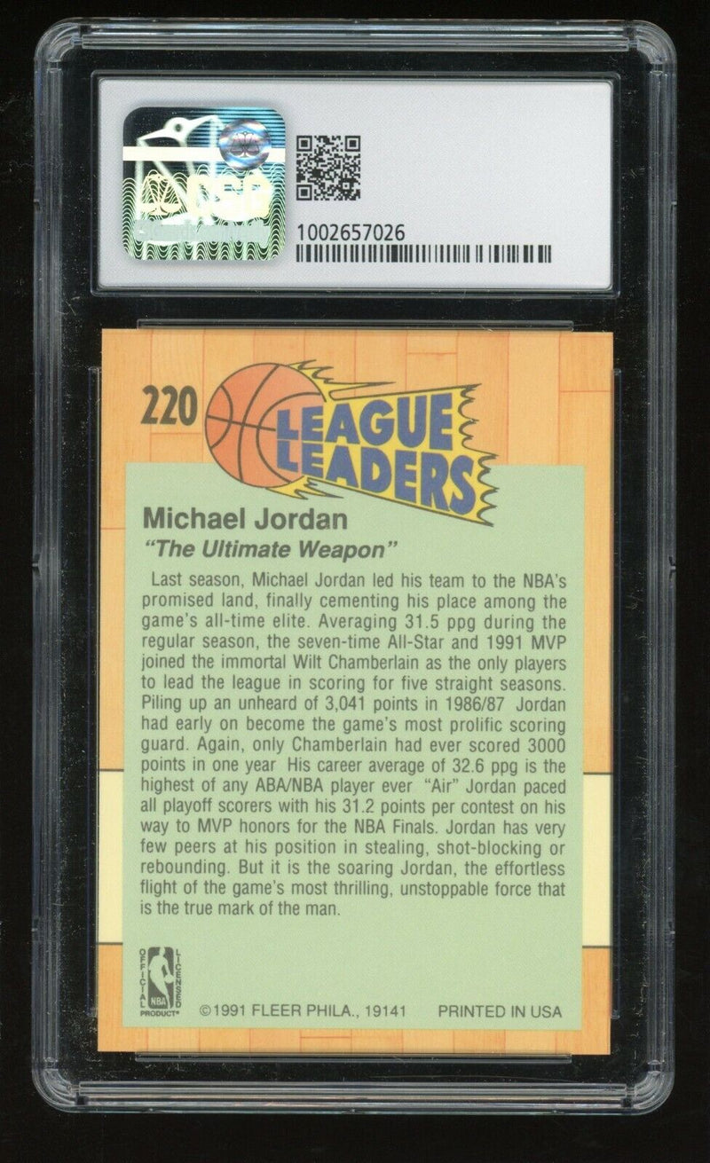Load image into Gallery viewer, 1991-92 Fleer Michael Jordan #220 League Leaders Chicago Bulls HOF CSG 9 Mint Image 2
