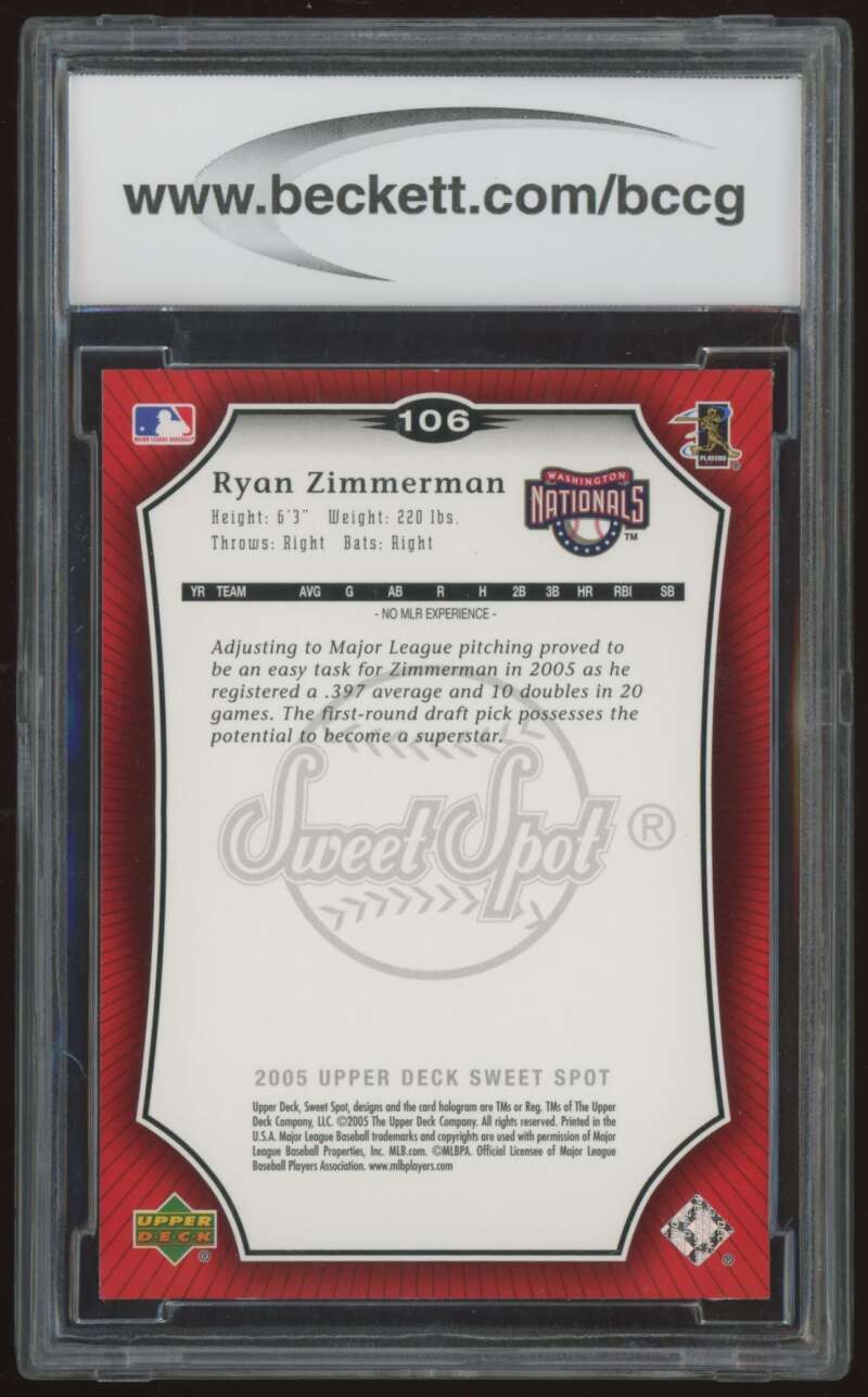 Load image into Gallery viewer, 2005 Upper Deck Sweet Spot Ryan Zimmerman #106 Rookie RC BCCG 10 Nationals  Image 2
